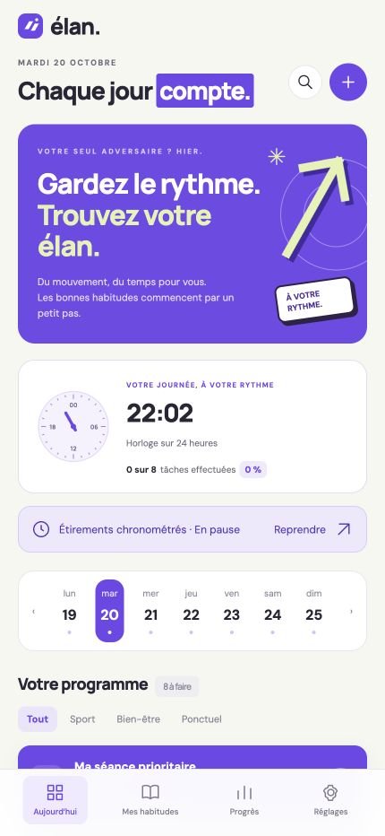 Écran Élan : habitudes de la journée, horloge et programme personnalisé