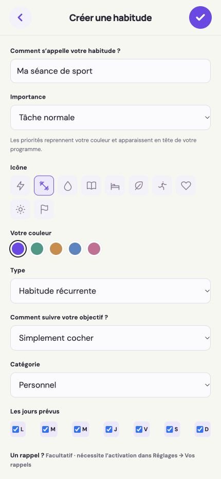 Création d’une habitude : nom, icône, couleur, objectif et jours prévus